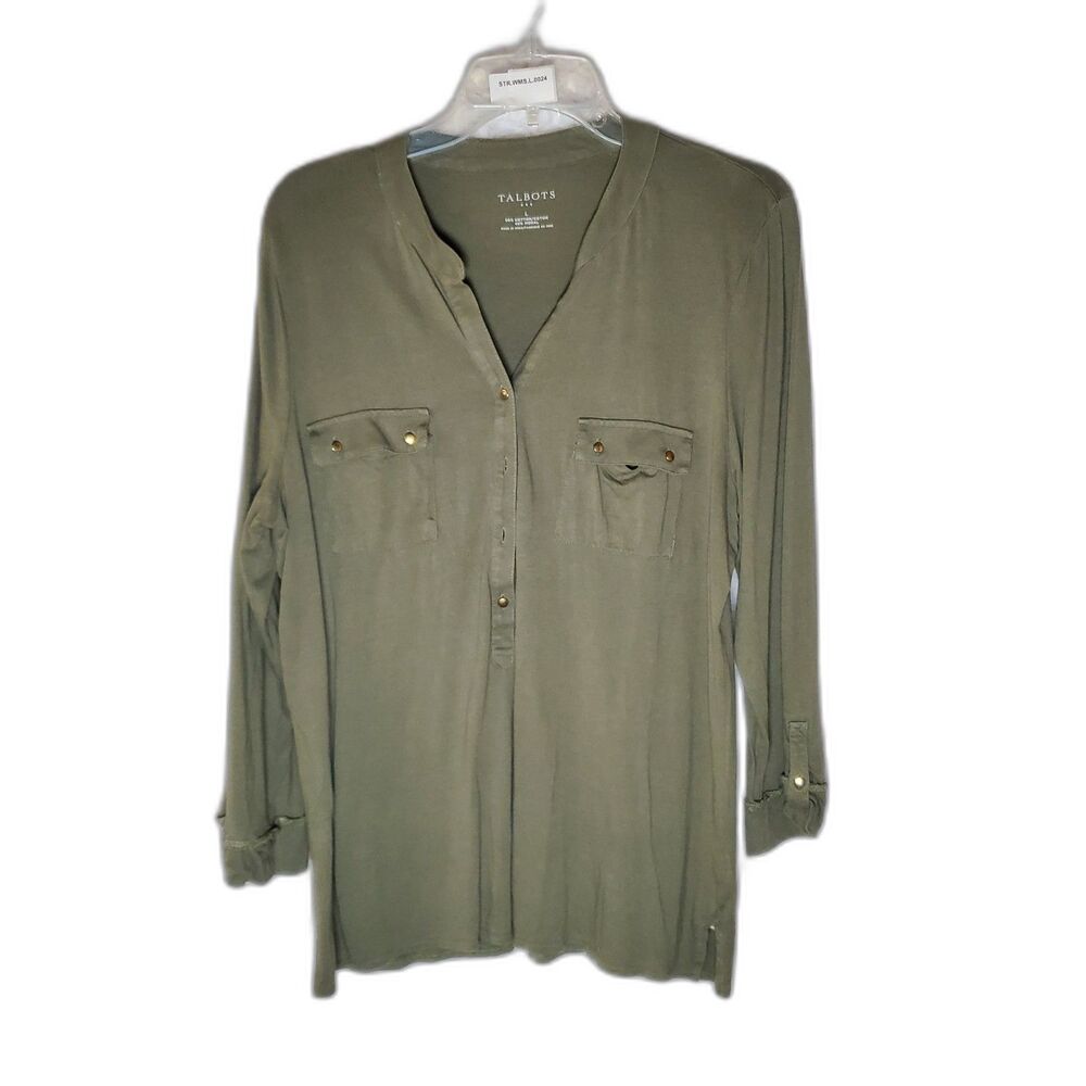 Olive Green Long Sleeve Button-Up Shirt Size L